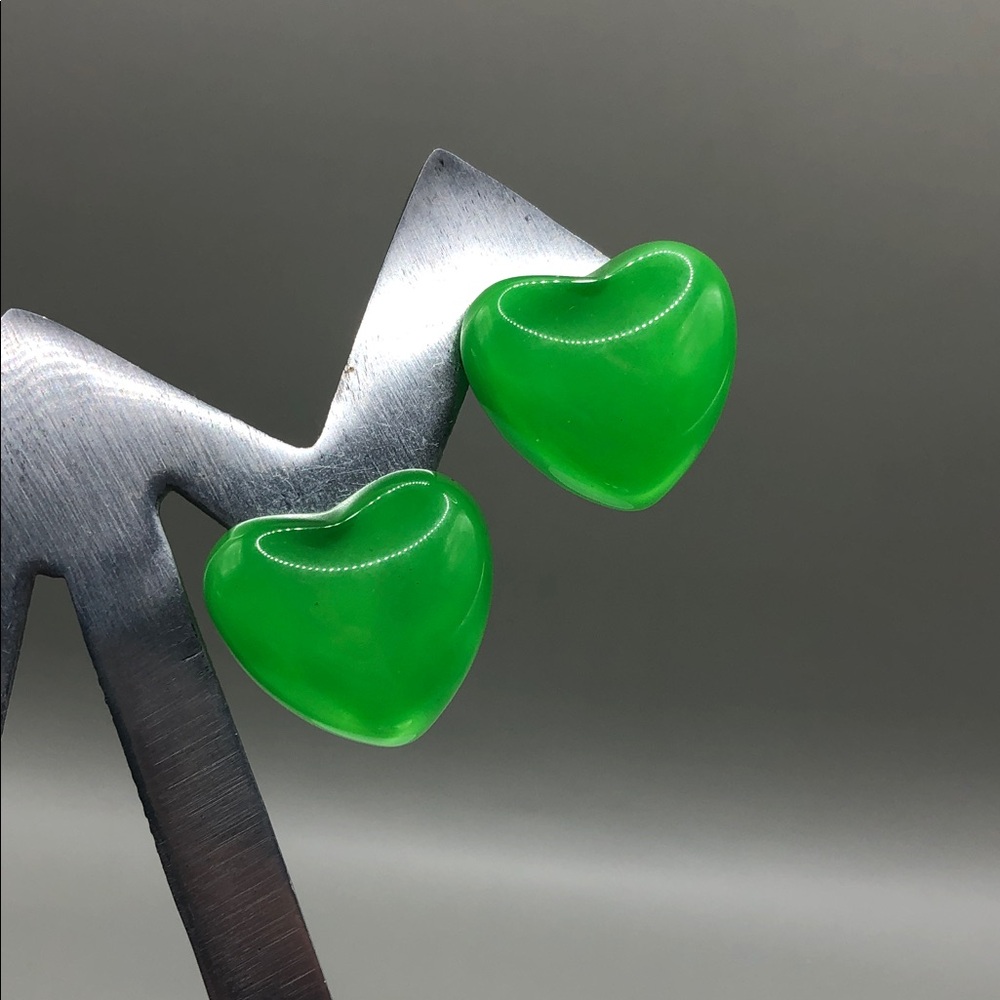 Vintage fluorescent apple green clip on heart earrings statement look.